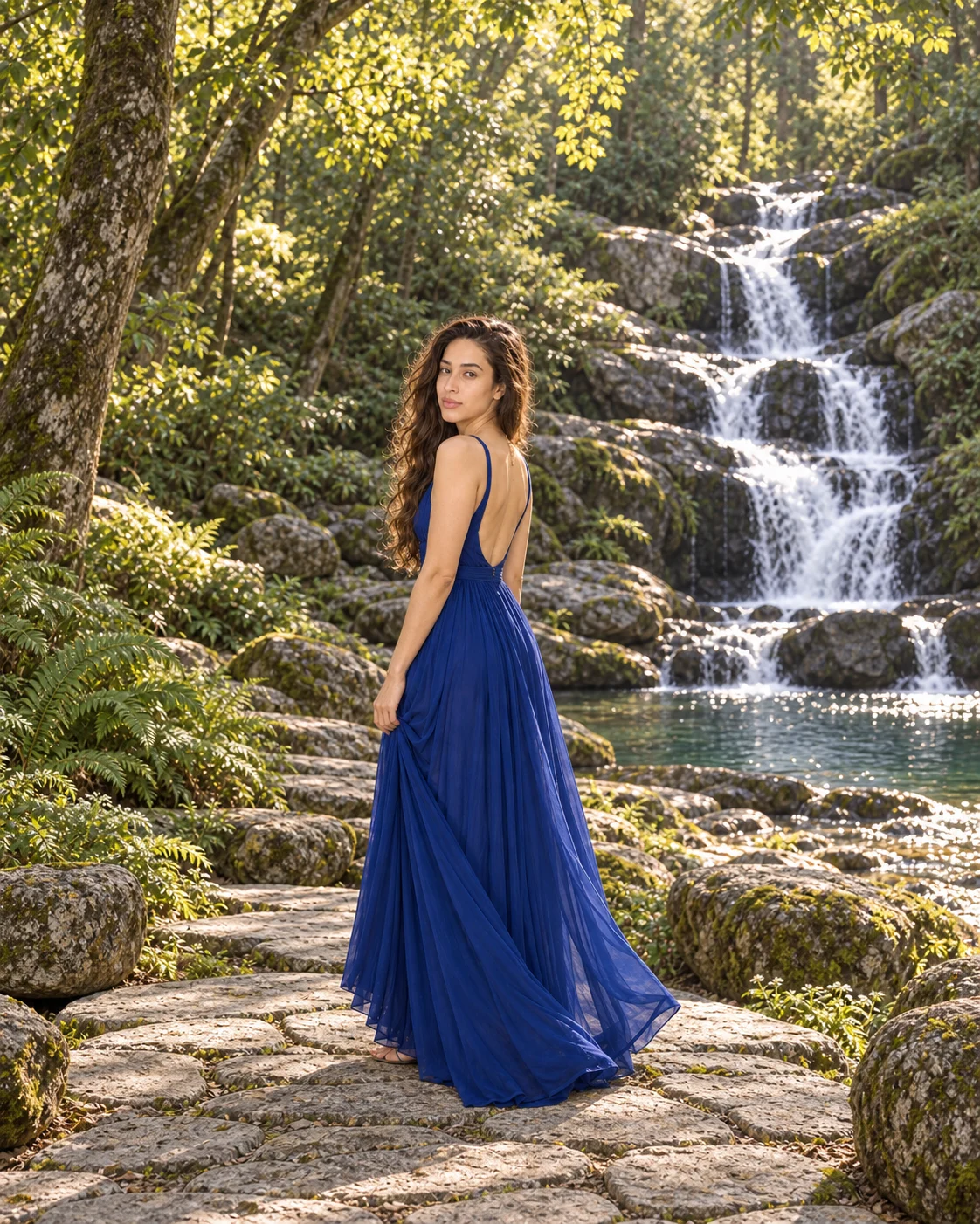 Zee in a sapphire dress on a stone path beside greenery and a waterfall